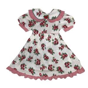 Vintage Thomas Dress Girls 6 White Red Strawberry Cherry Peter Pan Collar USA